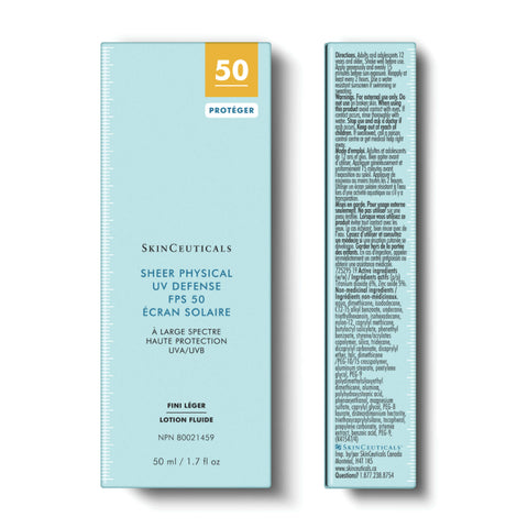 SkinCeuticals Sheer Physical SPF 50 Sunscreen packaging with text on a white background