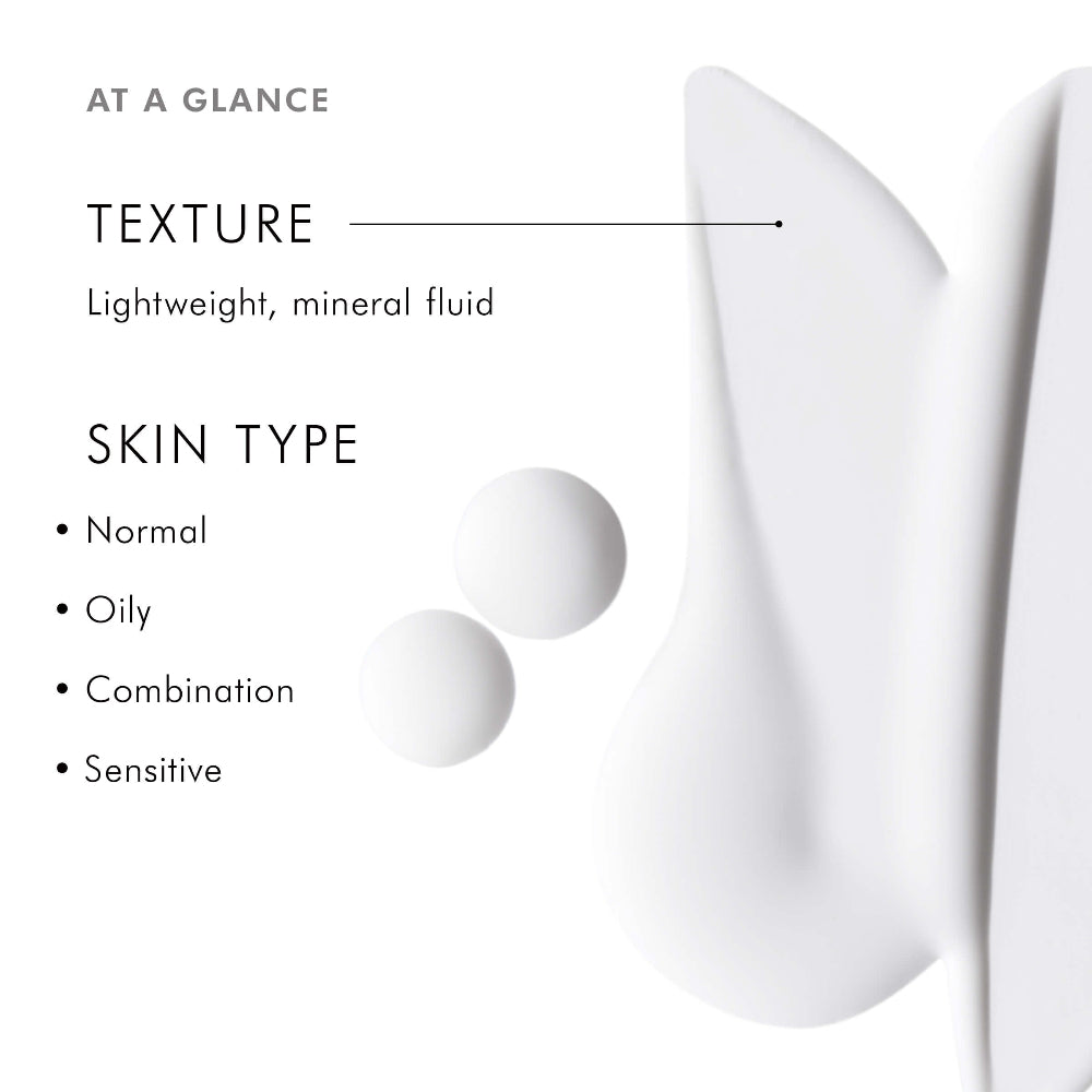 SkinCeuticals Sheer Physical SPF 50 Sunscreen information card with texture description and skin type compatibility on a white background