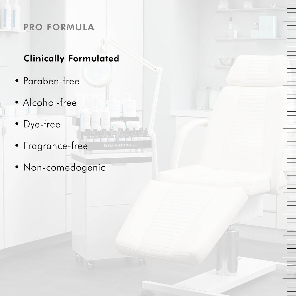A white spa-style treatment chair in a bright, minimal treatment room, with overlaid marketing text reading 'PRO FORMULA' and bullet points about being clinically formulated and free of parabens, alcohol, dye, fragrance, and comedogenic ingredients for SkinCeuticals Sheer Physical SPF 50 Sunscreen.