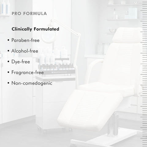 A white spa-style treatment chair in a bright, minimal treatment room, with overlaid marketing text reading 'PRO FORMULA' and bullet points about being clinically formulated and free of parabens, alcohol, dye, fragrance, and comedogenic ingredients for SkinCeuticals Sheer Physical SPF 50 Sunscreen.