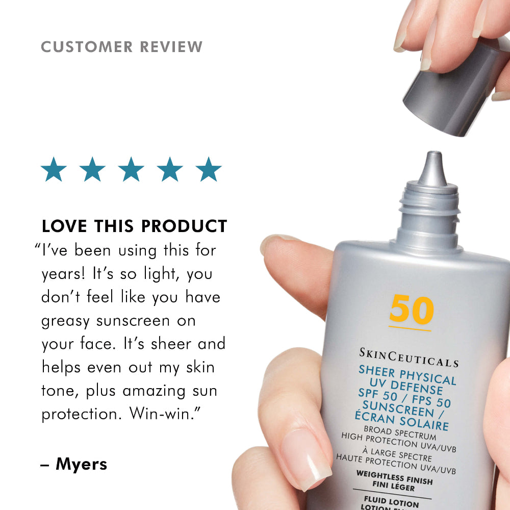 A hand holds an open bottle of SkinCeuticals Sheer Physical UV Defense SPF 50 sunscreen next to a customer review graphic with five stars and a testimonial on a white background.