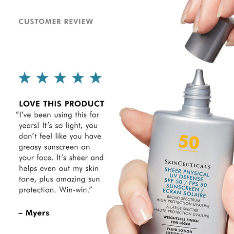 A hand holds an open bottle of SkinCeuticals Sheer Physical UV Defense SPF 50 sunscreen next to a customer review graphic with five stars and a testimonial on a white background.