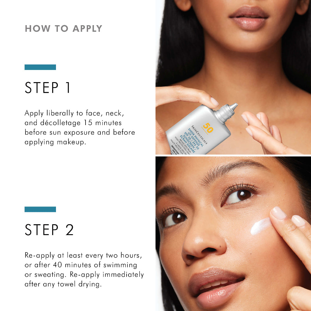Instructional skincare graphic showing how to apply SkinCeuticals Sheer Physical SPF 50 Sunscreen, with text instructions on the left and two close-up photos of a woman applying and holding the silver sunscreen bottle on the right.