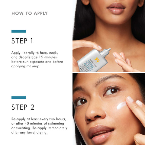 Instructional skincare graphic showing how to apply SkinCeuticals Sheer Physical SPF 50 Sunscreen, with text instructions on the left and two close-up photos of a woman applying and holding the silver sunscreen bottle on the right.