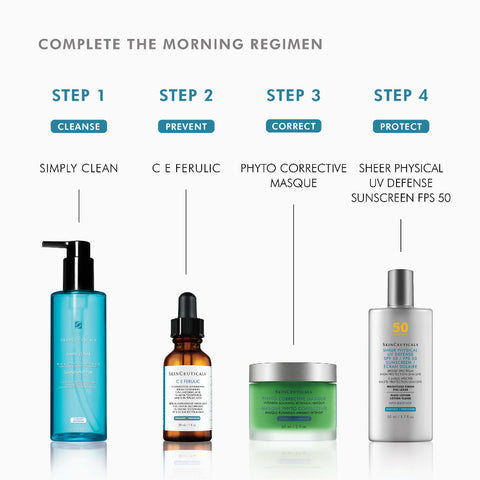 SkinCeuticals skincare product lineup with step-by-step morning regimen on a white background