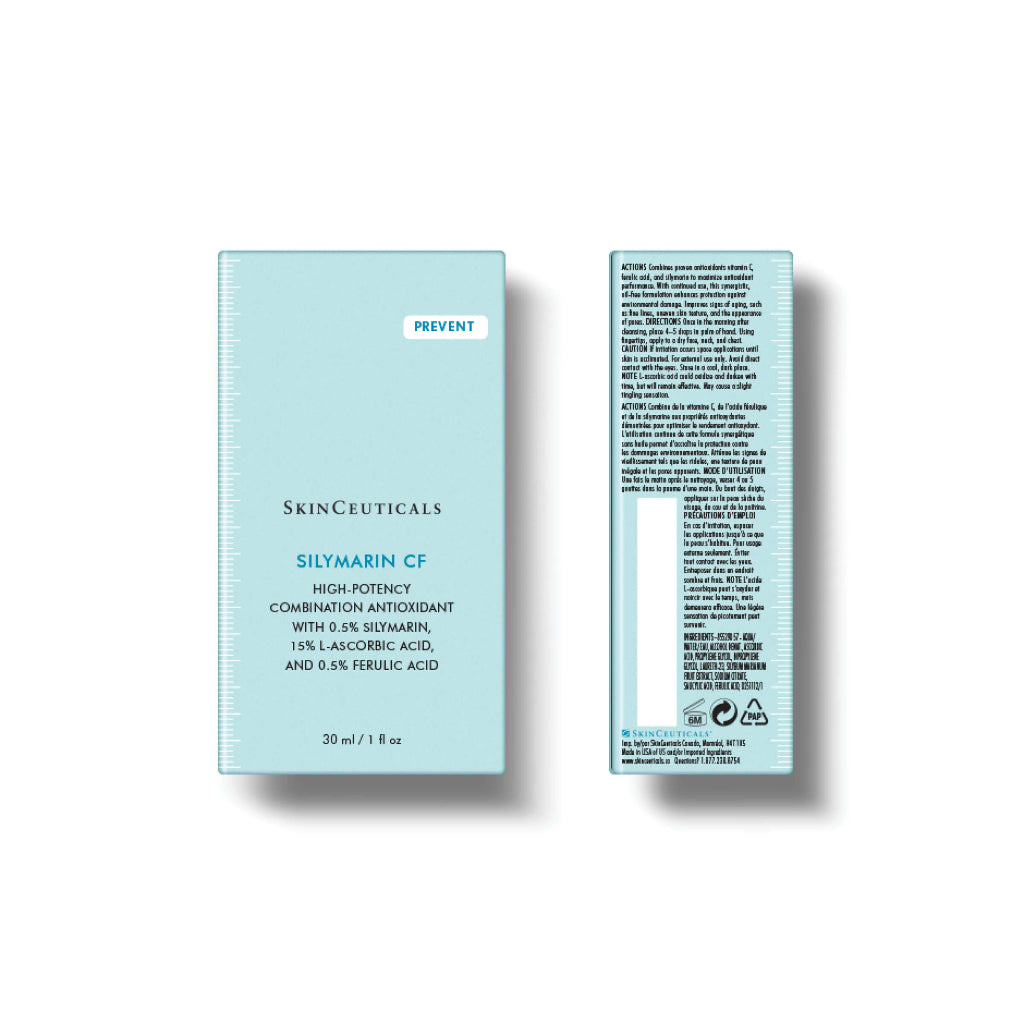 Two blue boxes of SkinCeuticals Silymarin CF on a white background