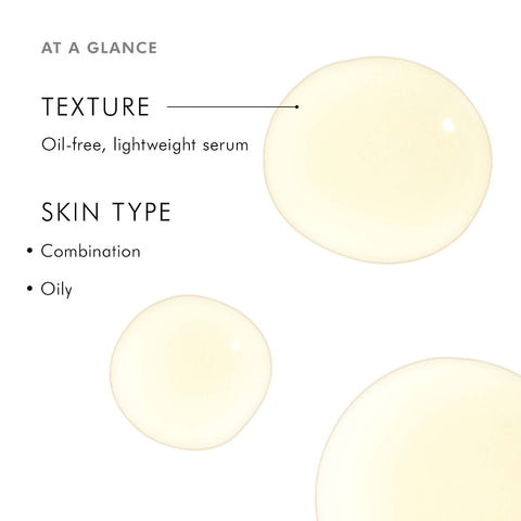 Oil-free, lightweight serum with text indicating texture and skin type compatibility on a white background.