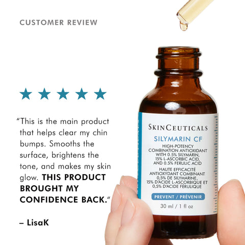 SkinCeuticals Silymarin CF bottle with a dropper and customer review text.