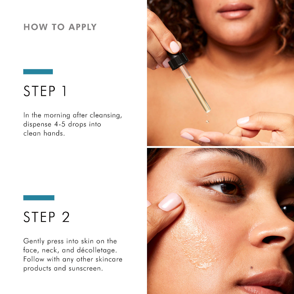 Instructions on how to apply a skincare product with close-up images of application.