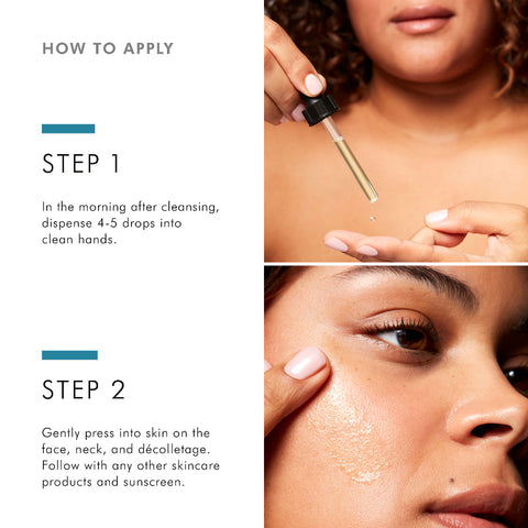 Instructions on how to apply a skincare product with close-up images of application.