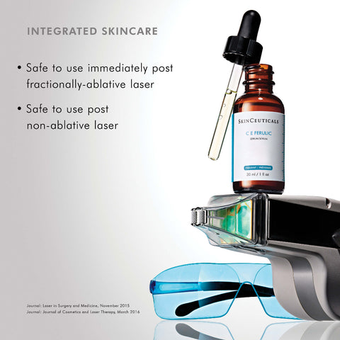 Skincare product with dropper and laser equipment on a light gray background