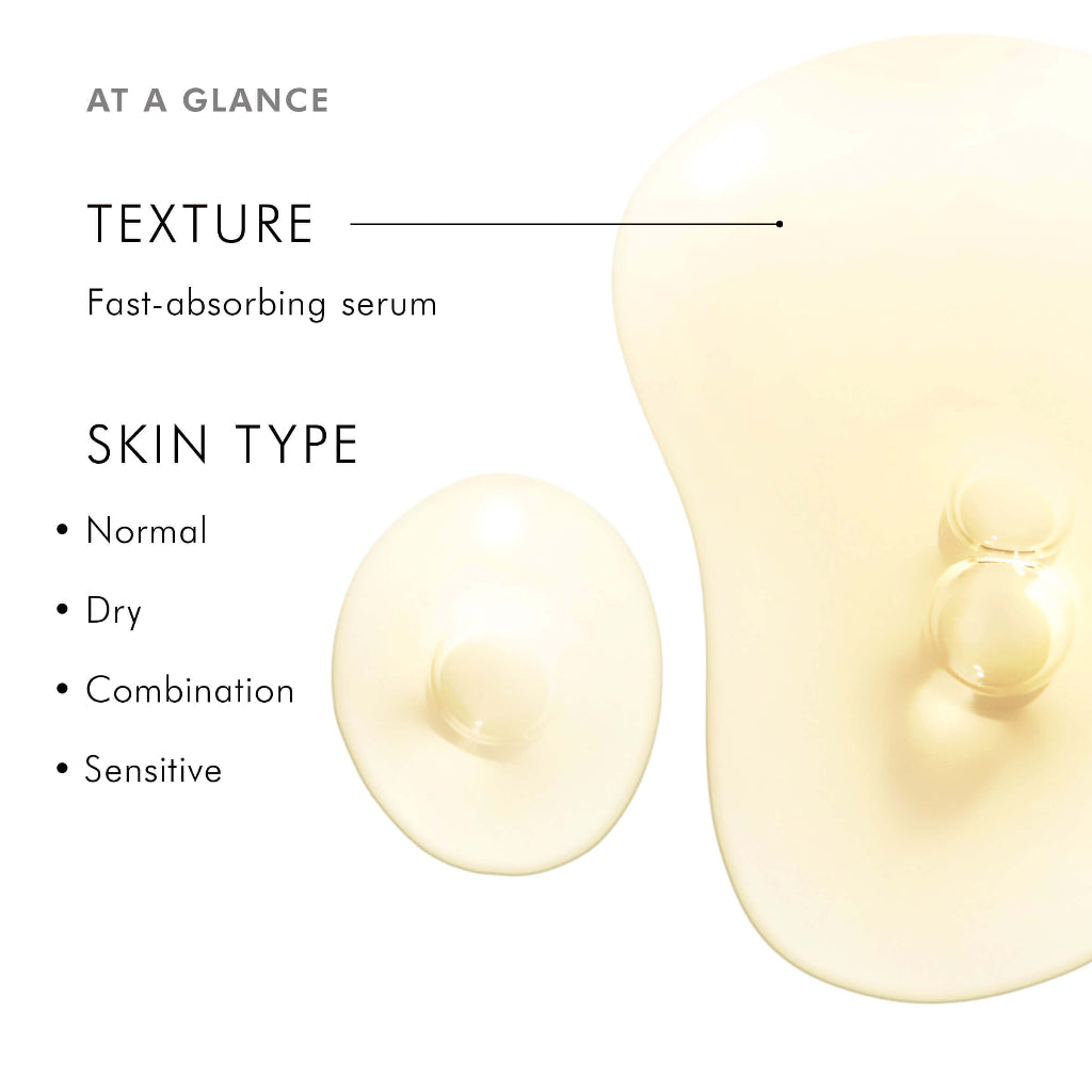 Fast-absorbing serum with texture and skin type information on a white background