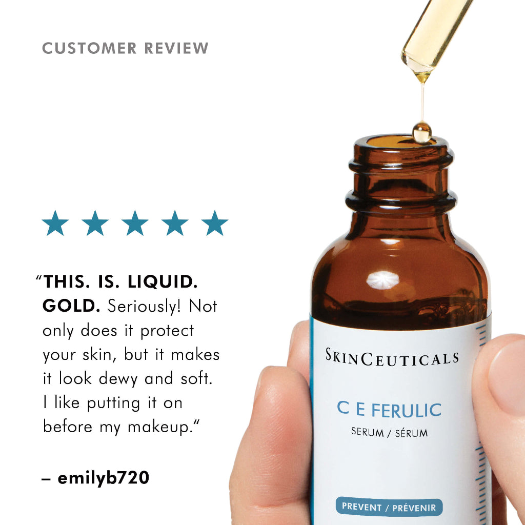SkinCeuticals C E Ferulic serum bottle with a dropper, held by a hand, against a white background.