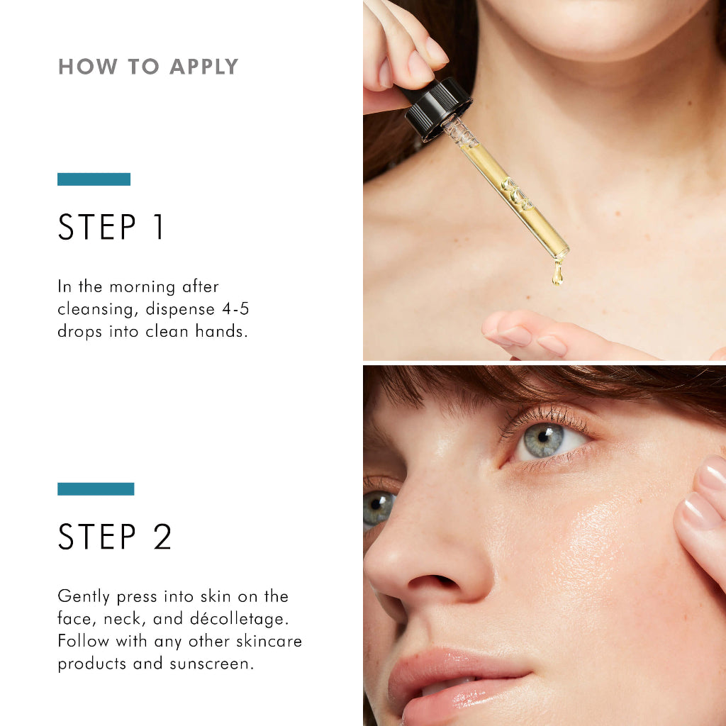 Instructions on how to apply a skincare product with close-up images of application.