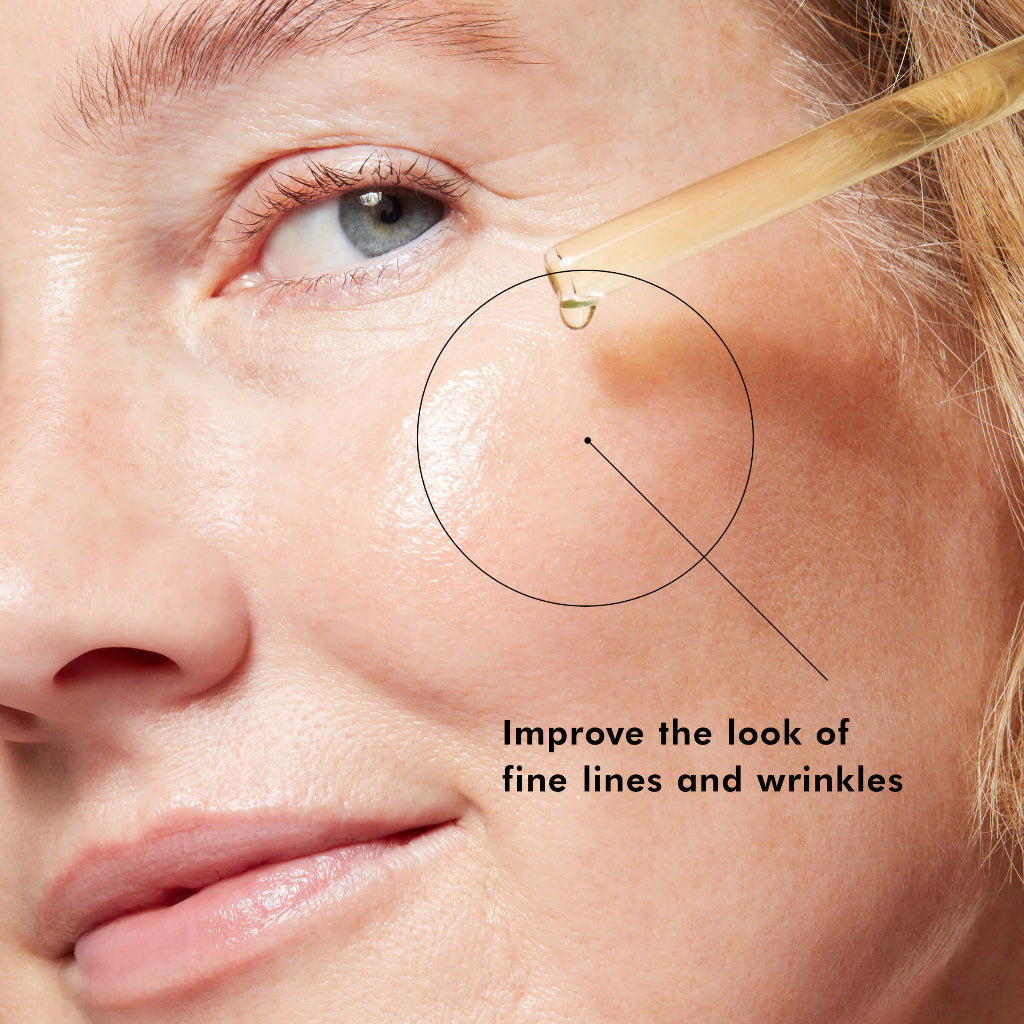 Close-up of a woman's face with droplet on skin, labeled 'Provides advanced environmental protection'.