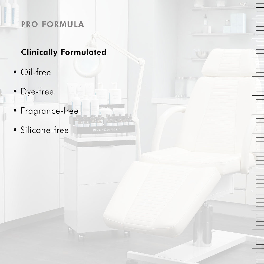 White chair with text highlighting 'Pro Formula' and product features on a white background of SkinCeuticals Retexturing Activator.