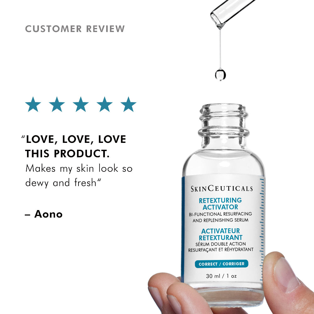 A bottle of SkinCeuticals Retexturing Activator serum shown with a hand holding the base and a drop being pipetted above the bottle. The image also includes a customer review section with a five-star rating and a quote.