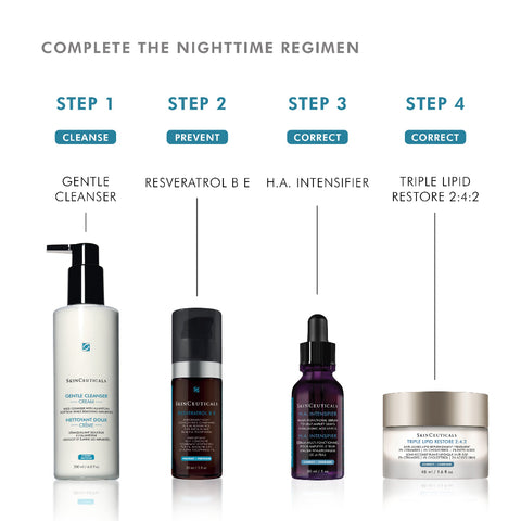 SkinCeuticals skincare product lineup with step-by-step regimen on a white background