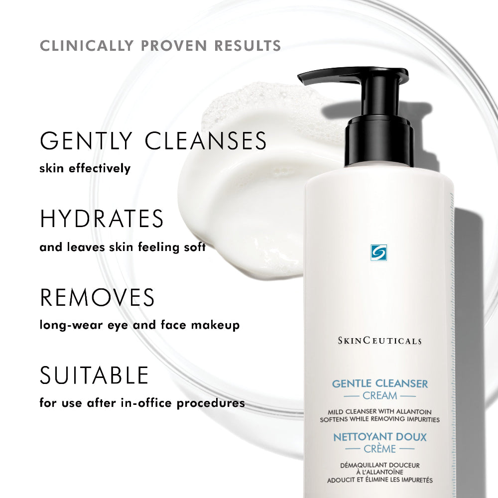 SkinCeuticals Gentle Cleanser Cream with text highlighting its benefits on a white background