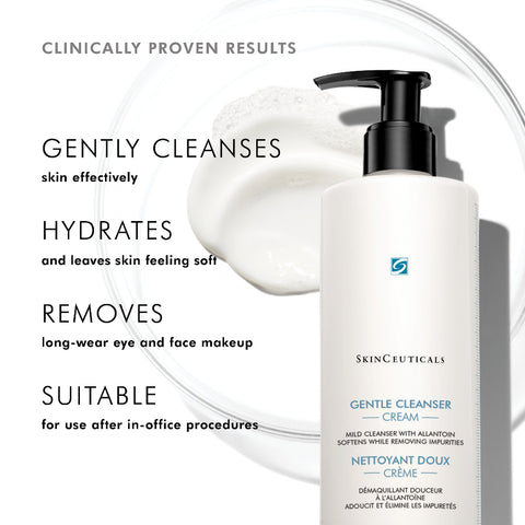 SkinCeuticals Gentle Cleanser Cream with text highlighting its benefits on a white background
