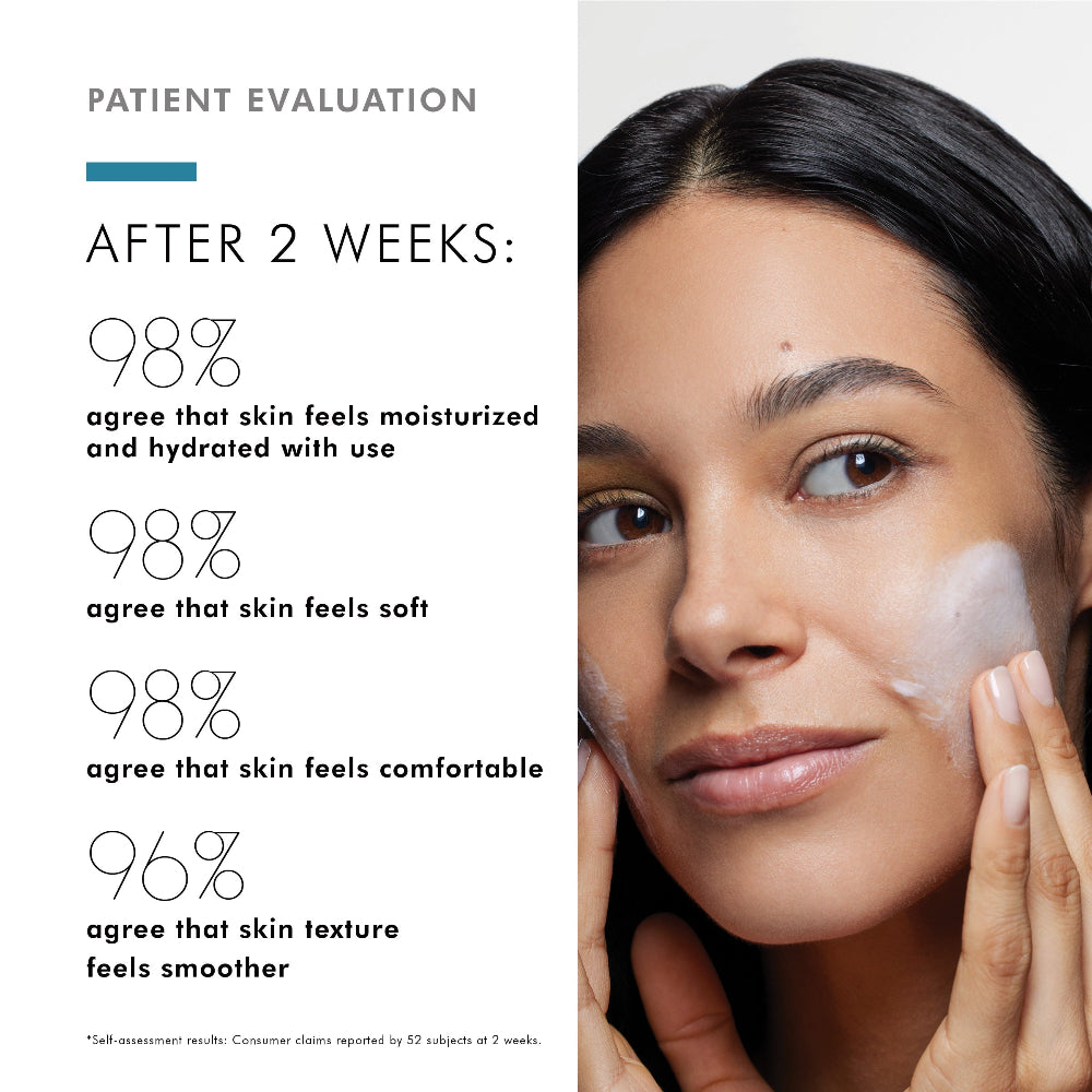 Patient evaluation graphic showing a woman applying SkinCeuticals Gentle Cleanser cream to her face on the right, alongside text on the left stating that after 2 weeks, 98% of users agree their skin is moisturized, soft, comfortable, and smoother.