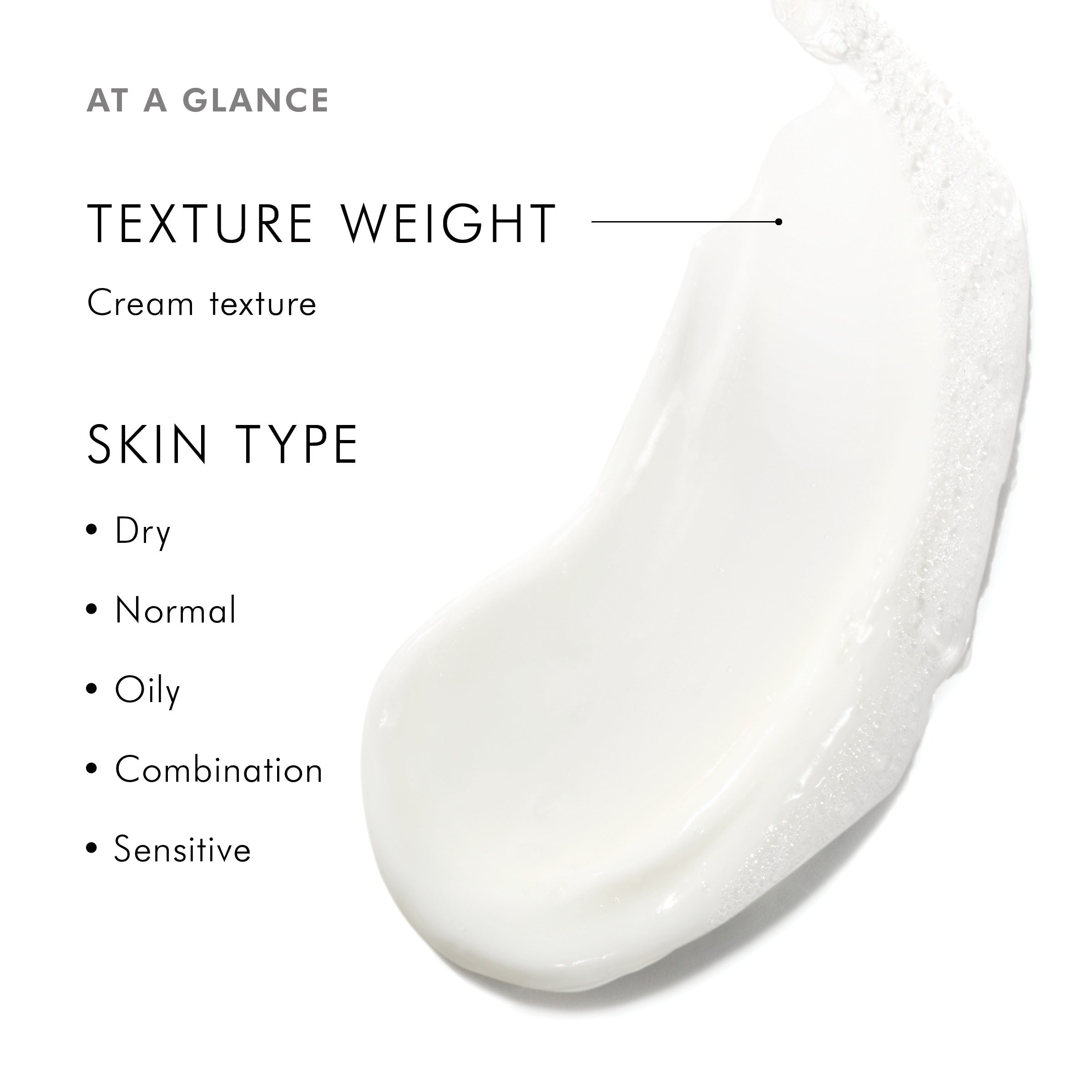 Product swatch of SkinCeuticals Gentle Cleanser Cream with texture and skin type compatibility information on a white background