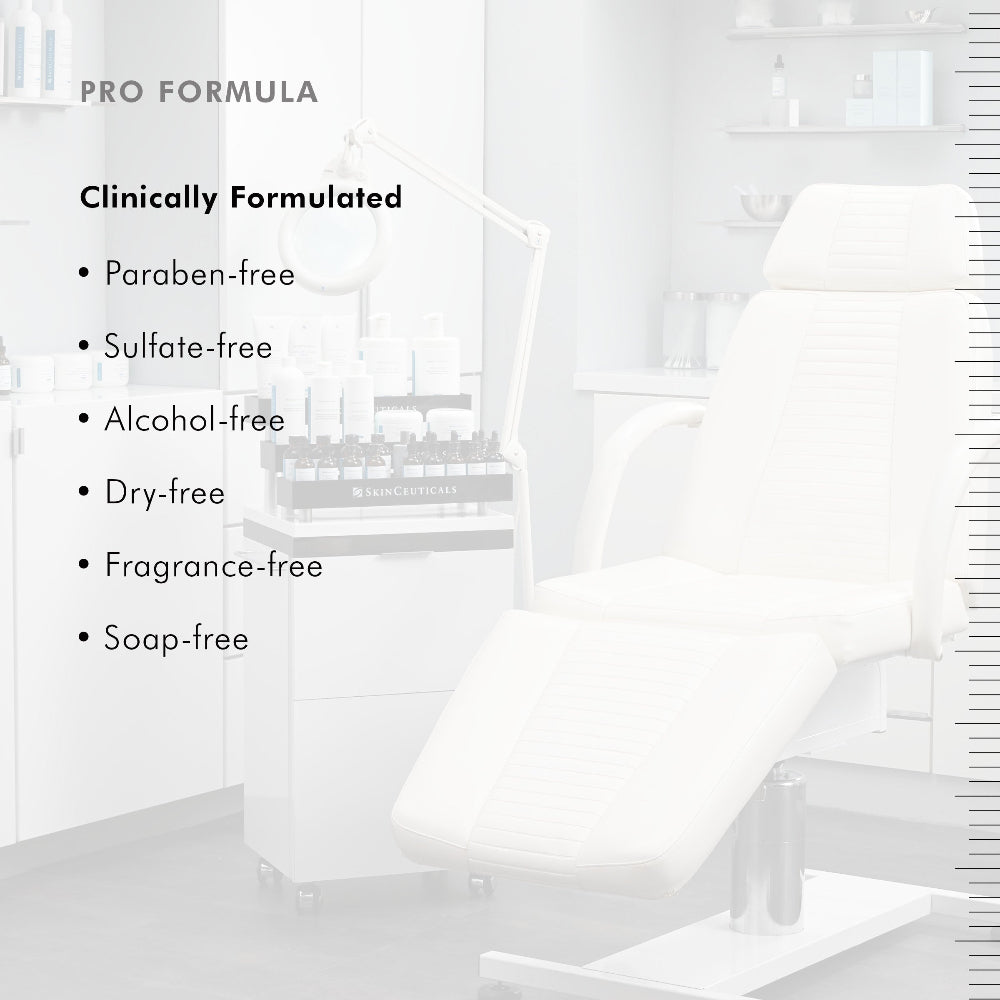White chair with text highlighting SkinCeuticals Gentle Cleanser Cream features on a white background