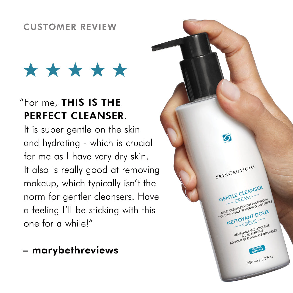 Hand holding a SkinCeuticals Gentle Cleanser bottle with a five-star review text overlay.