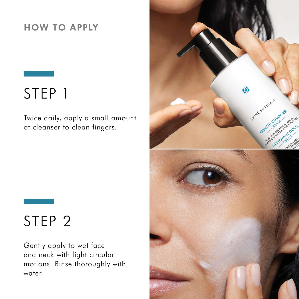 Instructions on how to apply  SkinCeuticals Gentle Cleanser Cream with close-up shots and text.