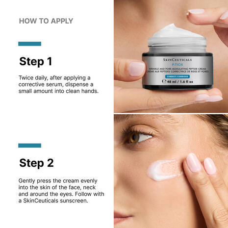 Step-by-step guide on applying SkinCeuticals P-TIOX Cream with close-up of product and application.