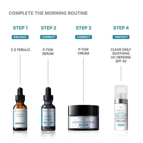 SkinCeuticals P-TIOX Cream morning routine lineup with step-by-step instructions on a white background