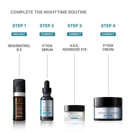 SkinCeuticals P-TIOX Cream product lineup with step-by-step instructions on a white background for a nighttime routine.