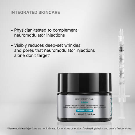 SkinCeuticals P-TIOX Cream product with text about integrated skincare and a syringe on a gray background