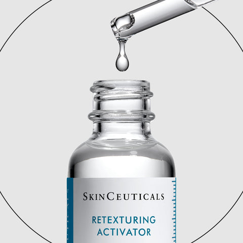 A close-up of a clear glass skincare dropper bottle with a white label reading SkinCeuticals Retexturing Activator, shown with a glass pipette dropping liquid above the open bottle on a light gray background.
