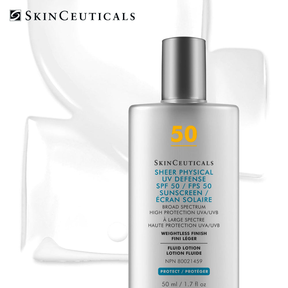 SkinCeuticals Sheer Physical UV Defense SPF 50 sunscreen lotion in a tall white bottle with a silver cap, shown on a white background with abstract white liquid swirls and the brand logo in the top left.