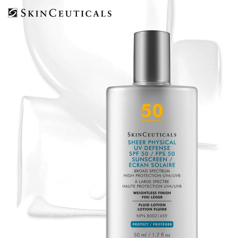 SkinCeuticals Sheer Physical UV Defense SPF 50 sunscreen lotion in a tall white bottle with a silver cap, shown on a white background with abstract white liquid swirls and the brand logo in the top left.