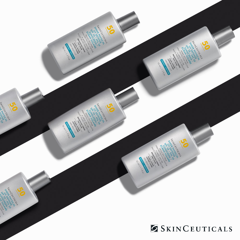 Four bottles of SkinCeuticals Sheer Sunscreen with SPF 50 are arranged diagonally on a white background with a bold black graphic stripe. The bottles are white with silver caps, featuring blue and yellow text on the labels.