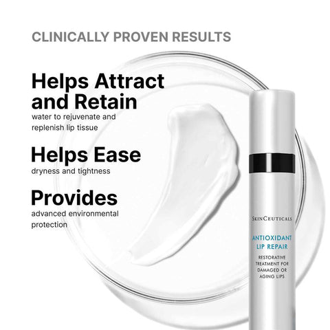 SkinCeuticals Antioxidant Lip Repair with text highlighting benefits on a white background.