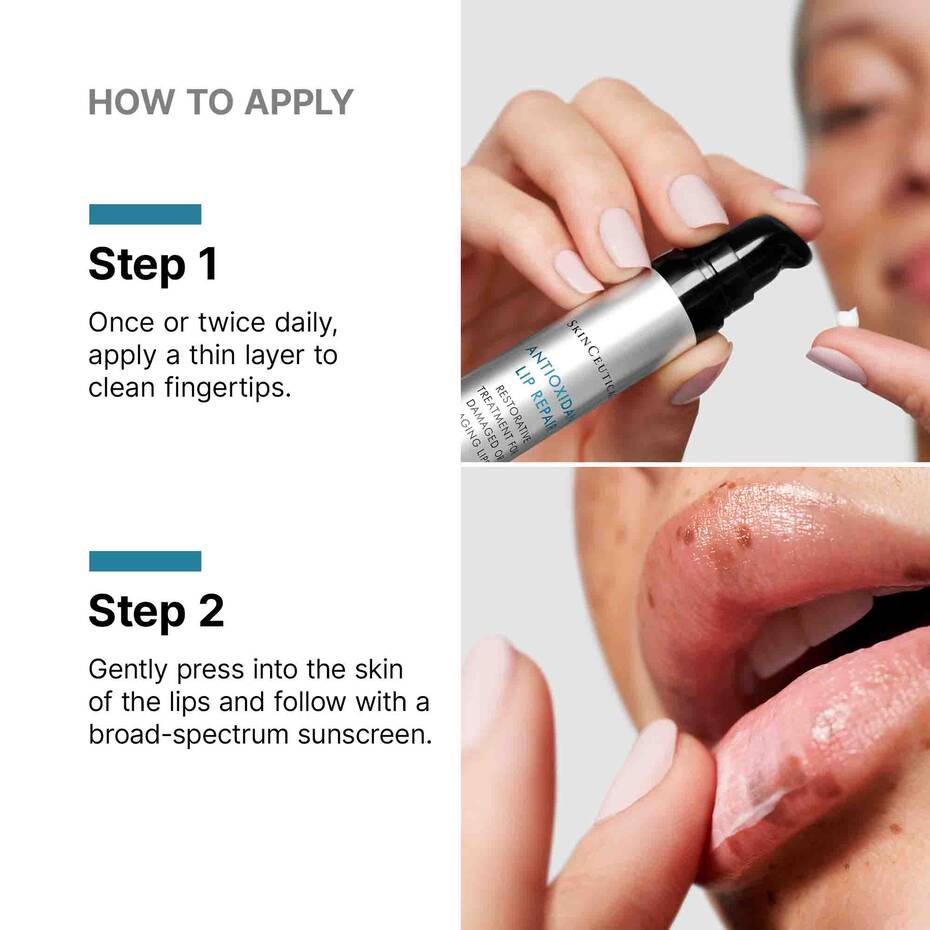 SkinCeuticals Antioxidant Lip Repair lip balm application instructions with close-up of lips and product.