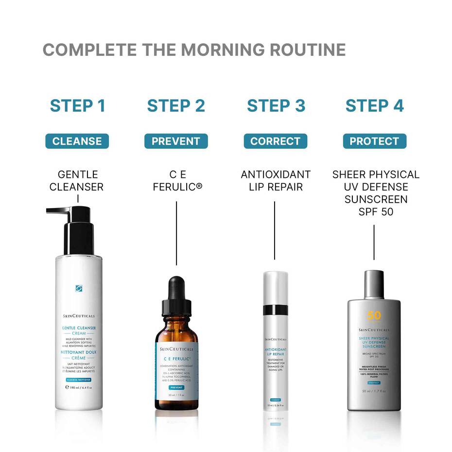 Step-by-step morning skincare routine SkinCeuticals Antioxidant Lip Repair with products on a white background.