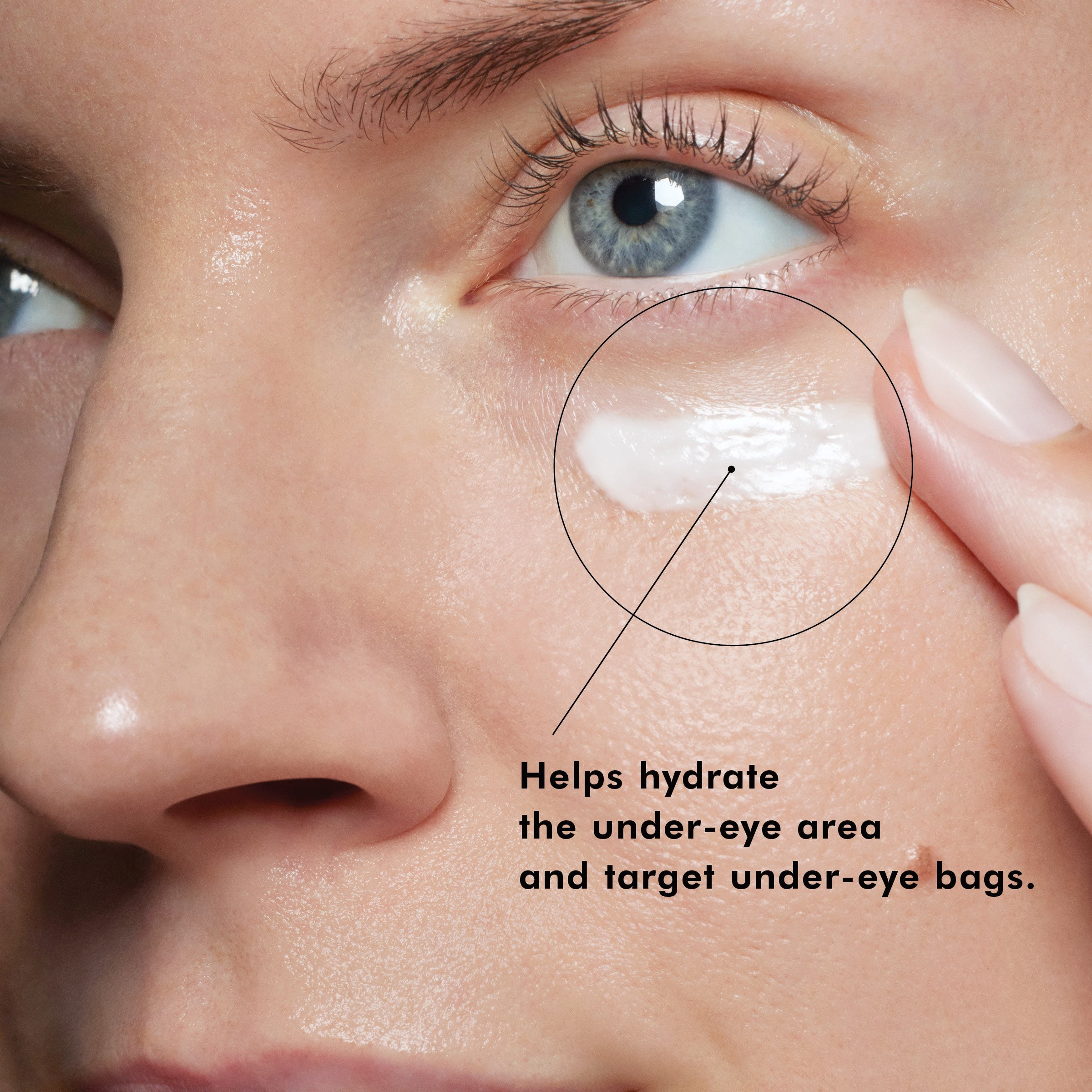 Close-up of a person applying SkinCeuticals Eye Balm under their eye with text indicating it hydrates and targets under-eye bags.