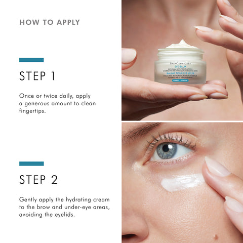 Instructions on how to apply SkinCeuticals Eye Balm with close-up of product and application on skin.