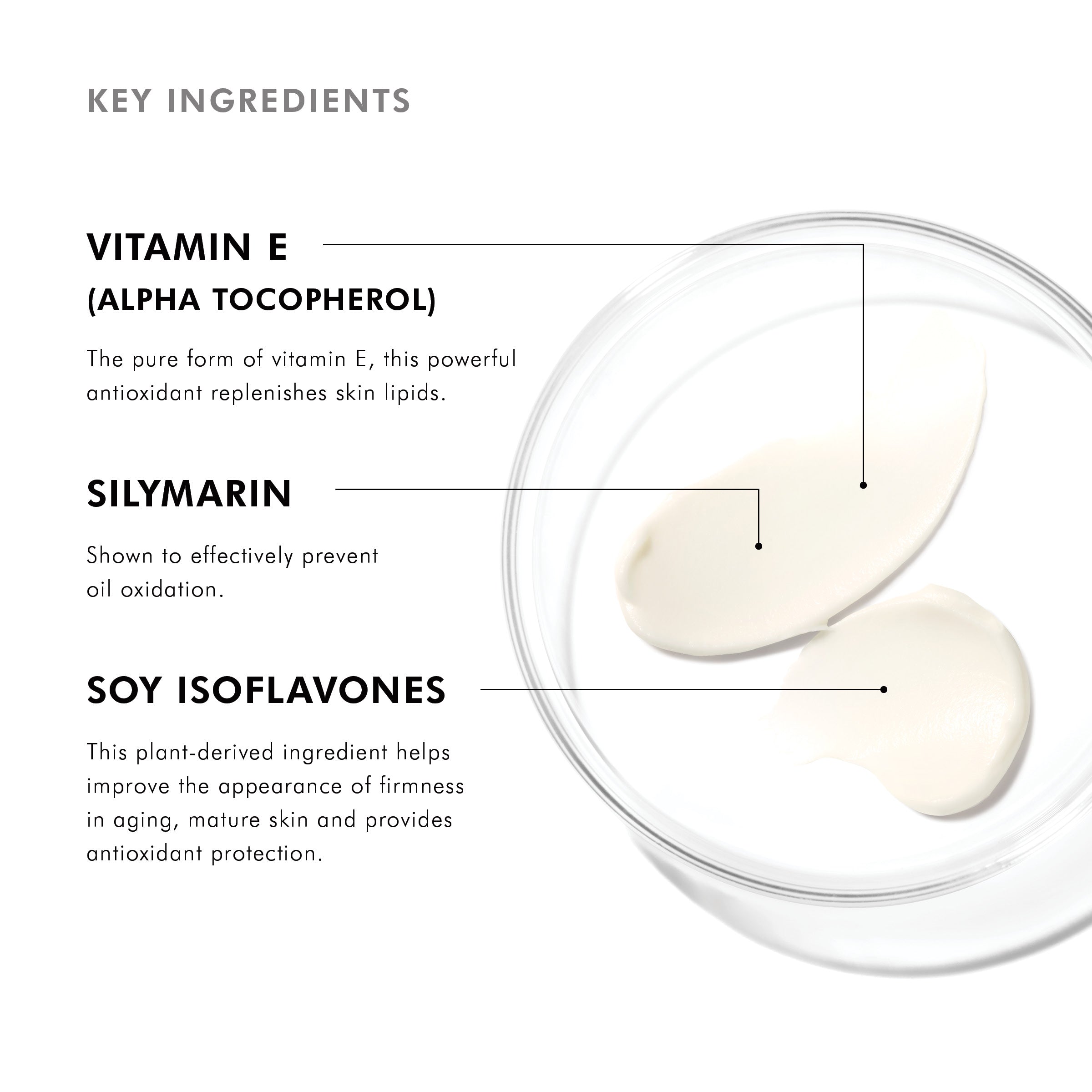 Key ingredients of a SkinCeuticals Eye Balm with text labels on a white background