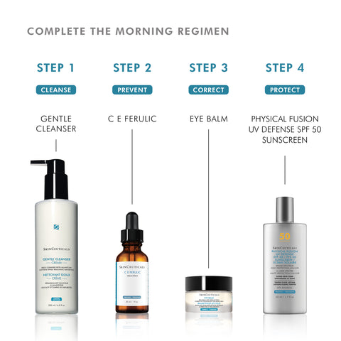 A skincare routine infographic titled 'COMPLETE THE MORNING REGIMEN' showing four steps with product labels: Step 1 Cleanse with a white pump bottle, Step 2 Prevent with an amber dropper bottle, Step 3 Correct with a small cream jar, and Step 4 Protect with a white sunscreen bottle.