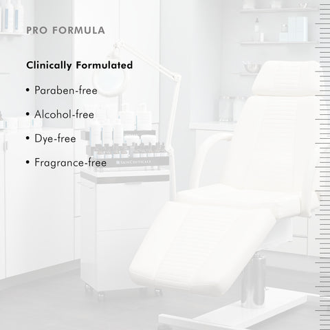 White chair with text highlighting Pro Formula's features on a white background of SkinCeuticals Eye Balm.