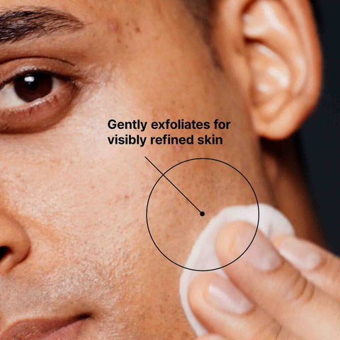 Person applying SkinCeuticals LHA Toner to their face with text 'Gently exfoliates for visibly refined skin'.