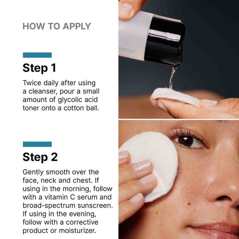 Instructions on how to apply SkinCeuticals LHA Toner with a close-up of a person using it.
