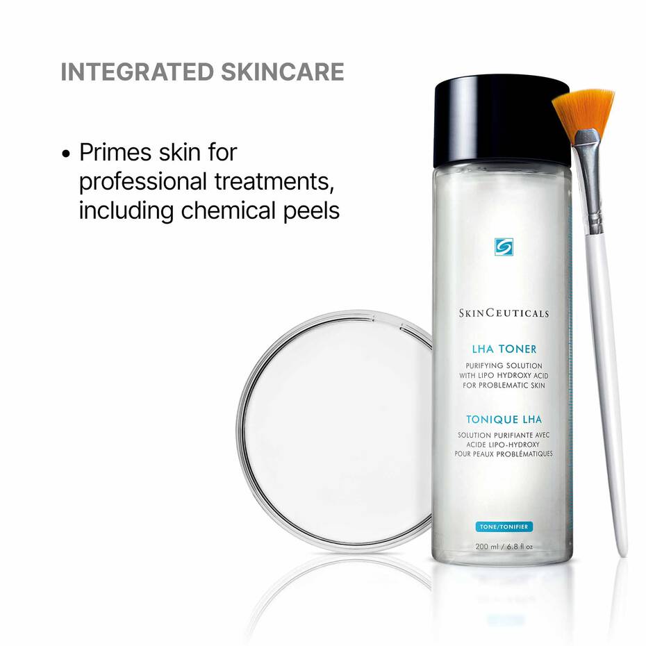 SkinCeuticals LHA Toner bottle with a brush and mirror on a white background
