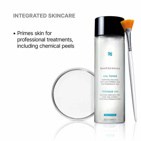 SkinCeuticals LHA Toner bottle with a brush and mirror on a white background