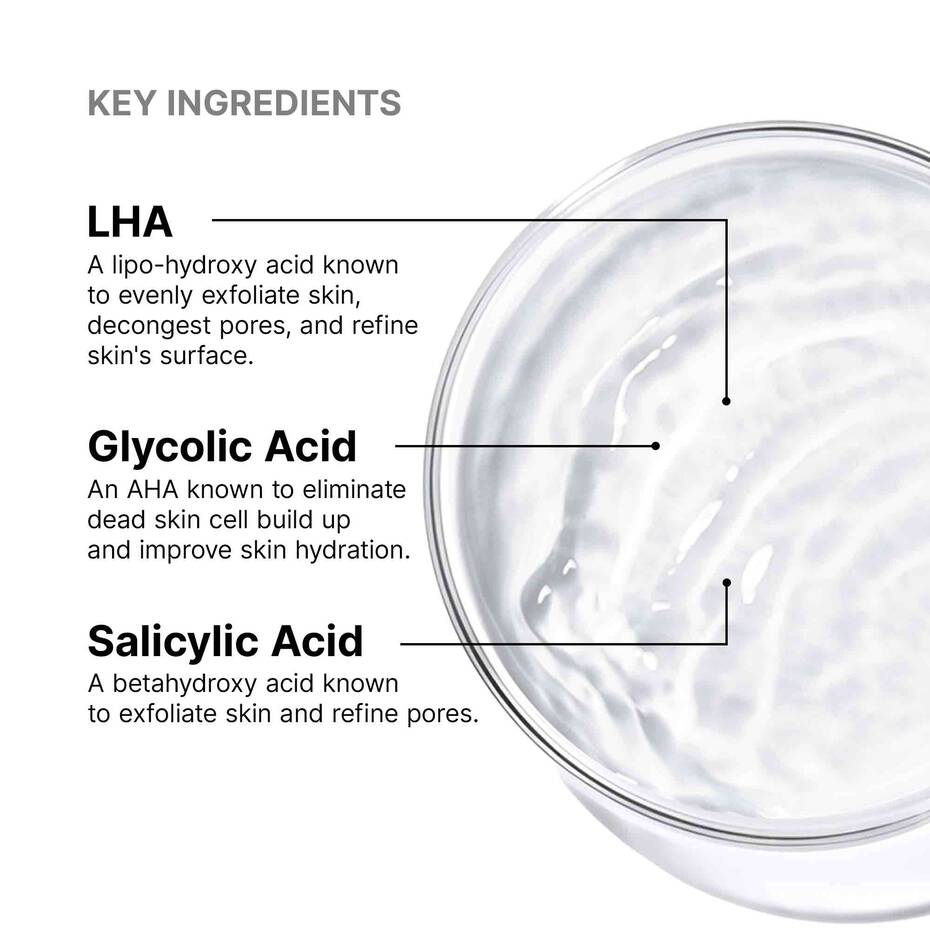 Key ingredients of SkinCeuticals LHA Toner with LHA, Glycolic Acid, and Salicylic Acid labeled.